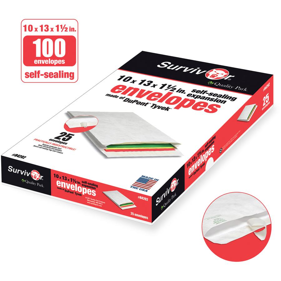 Survivor&reg; 10 x 13 x 1-1/2 DuPont Tyvek Expansion Mailers with Self-Seal Closure - Expansion - 10" Width x 13" Length - 1 1/2" Gusset - 14 lb - Self-sealing - White - Tyvek - 25 / Box. Picture 2