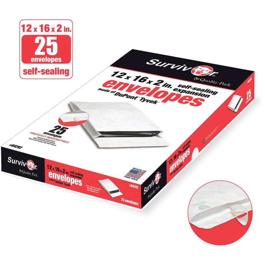Survivor&reg; 12 x 16 x 2 DuPont Tyvek Expansion Mailers with Self-Seal Closure - Expansion - 12" Width x 16" Length - 2" Gusset - 14 lb - Peel & Seal - Tyvek - 25 / Box - White. Picture 7