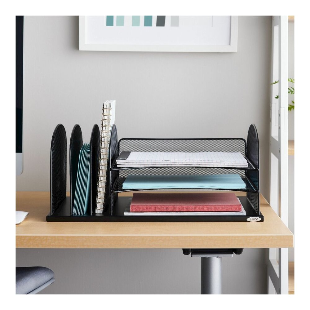 Safco Onyx 3 Tray/3 Upright Section Desk Organizer - 5 Compartment(s) - 8.25" Height x 19.50" Width x 11.50" Depth - Desktop - Powder Coated - Black - Steel - 1 Each. Picture 5