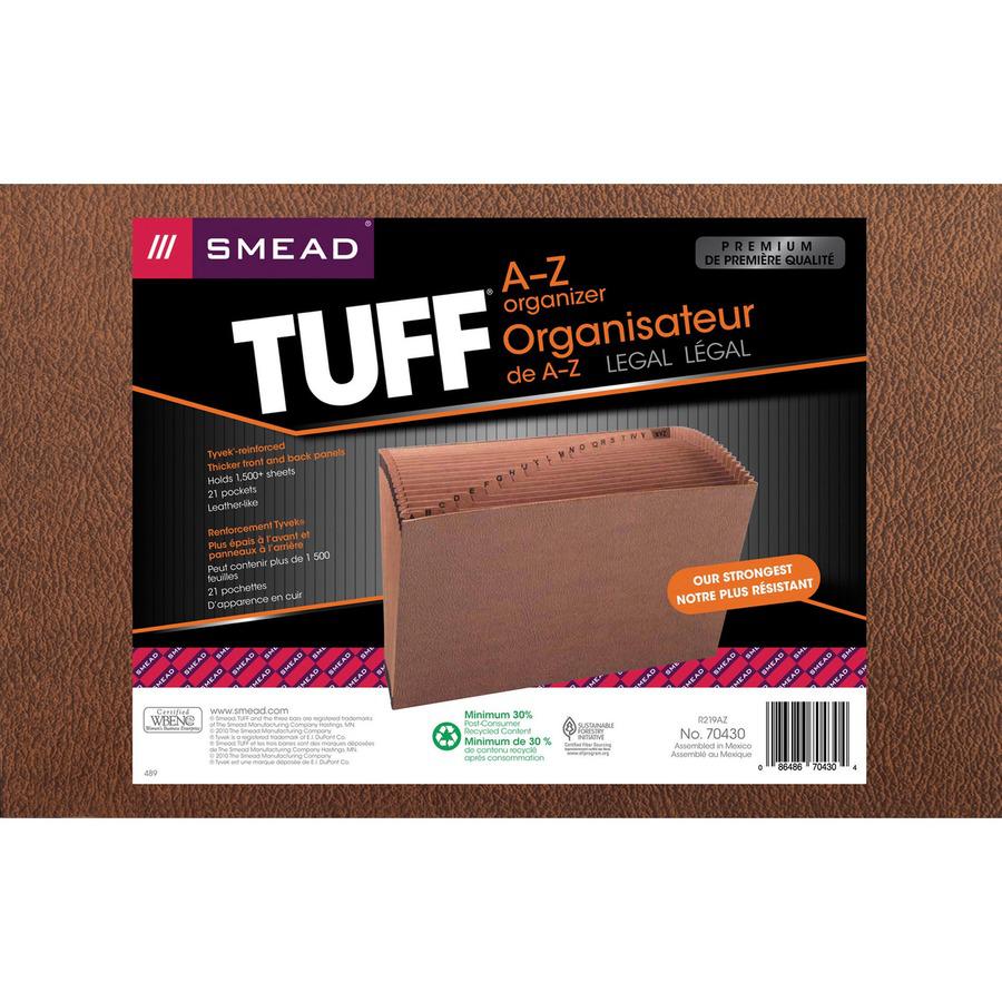 Smead TUFF Legal Recycled Expanding File - 8 1/2" x 14" - 7/8" Expansion - 21 Pocket - Redrope - Tear Resistant, Reinforced Gusset - 30% Recycled - 1 Each. Picture 8