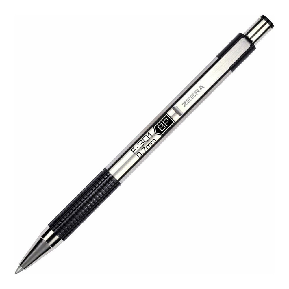 Zebra STEEL 3 Series F-301 Retractable Ballpoint Pen - Refillable - Retractable - Black Ink - Stainless Steel Stainless Steel Barrel - 1 Dozen. Picture 2