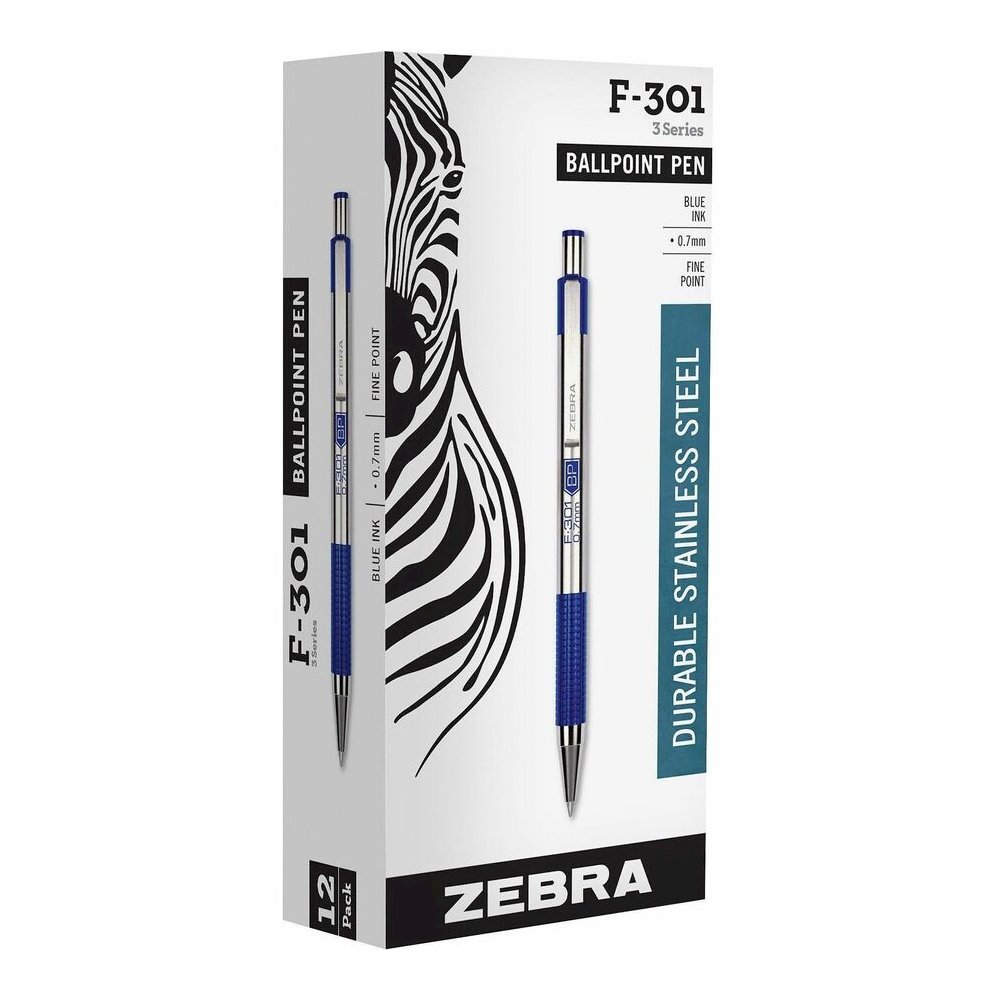 Zebra F-301 Retractable Ballpoint Pen - Refillable - Retractable - Blue Ink - Stainless Steel Stainless Steel Barrel - 1 Dozen. Picture 2