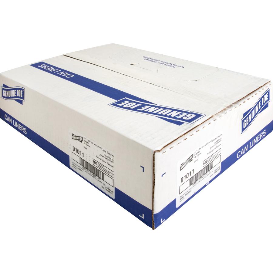 Genuine Joe Clear Trash Can Liners - Small Size - 16 gal Capacity - 33" Length x 24" Width x 0.60 mil (15 Micron) Thickness - Low Density - Clear - 500/Box - 1 Carton. Picture 10