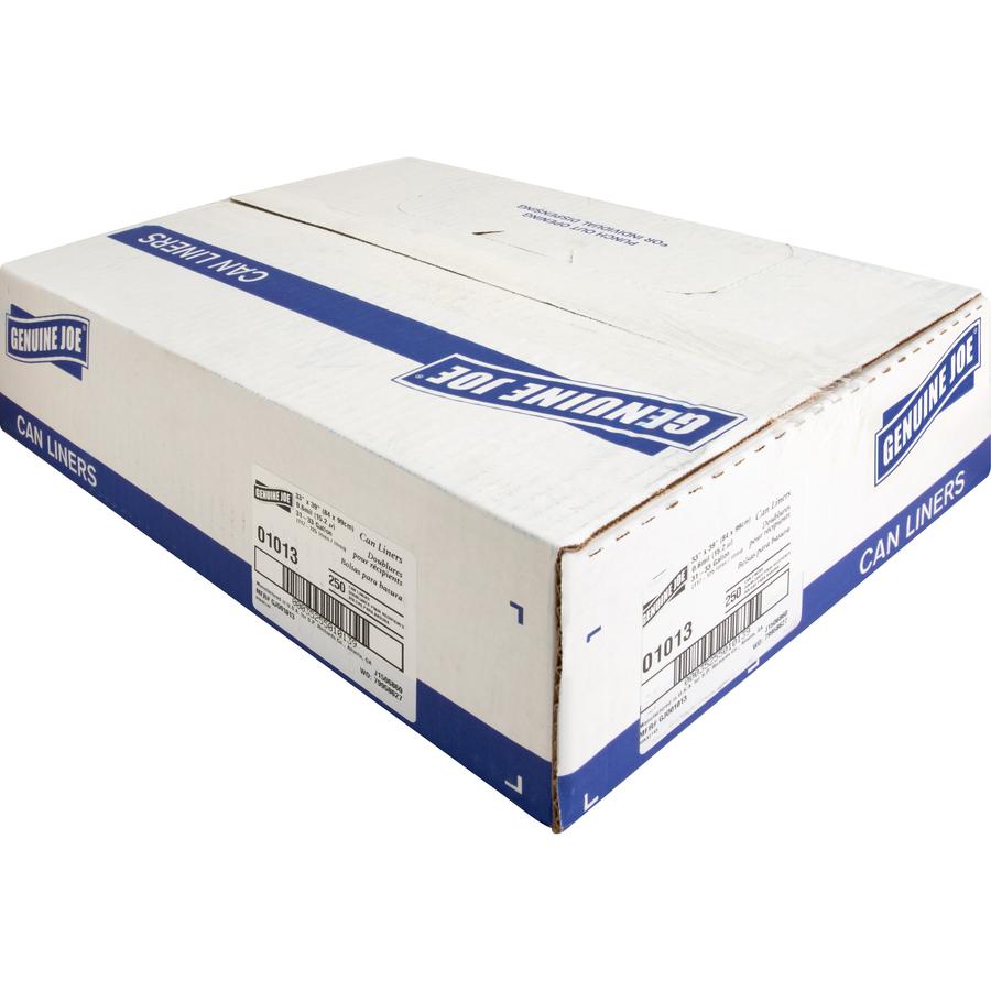 Genuine Joe Clear Trash Can Liners - Medium Size - 33 gal Capacity - 39" Length x 33" Width x 0.60 mil (15 Micron) Thickness - Low Density - Clear - 250/Box - 1 Carton. Picture 9