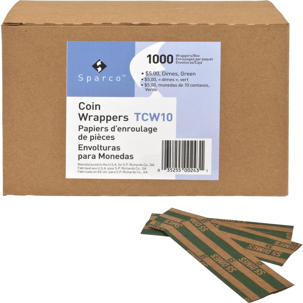 Sparco Flat Coin Wrappers - 1000 Wrap(s)Total $5.0 in 50 Coins of 10¢ Denomination - 60 lb Basis Weight - Kraft - Green - 1000 / Pack. Picture 5