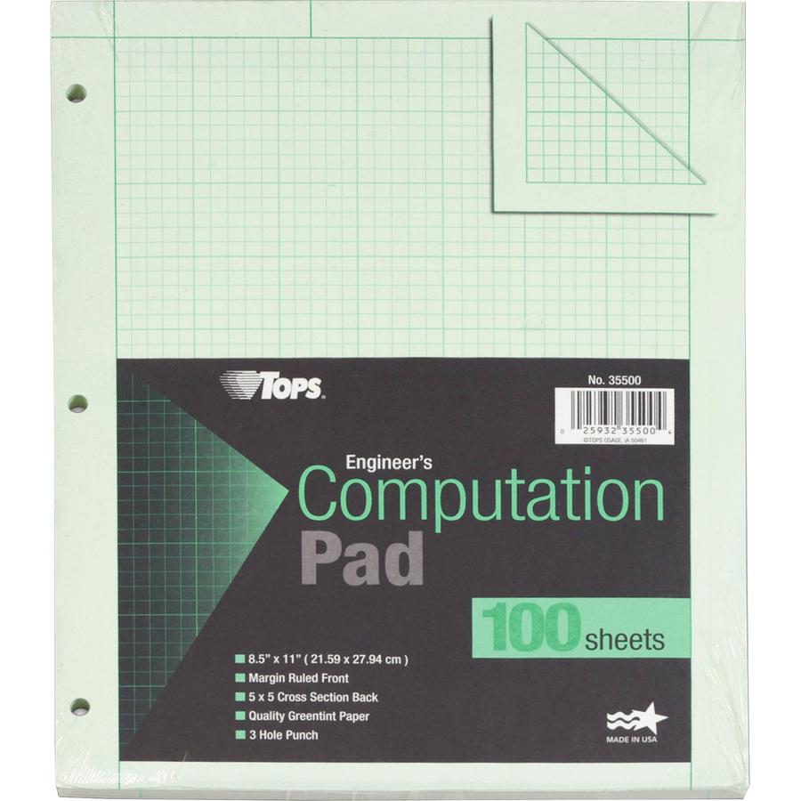 TOPS Engineering Computation Pad - 100 Sheets - Stapled/Glued - Back Ruling Surface - Ruled Margin - 15 lb Basis Weight - Letter - 8 1/2" x 11" Sheet Size - Green Paper - Punched - No - 1 Pad. Picture 3