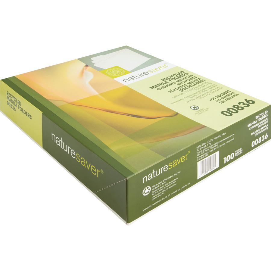 Nature Saver 1/3 Tab Cut Letter Recycled Top Tab File Folder - 8 1/2" x 11" - 3/4" Expansion - Top Tab Location - Assorted Position Tab Position - Manila - Manila - 100% Recycled - 100 / Box. Picture 5