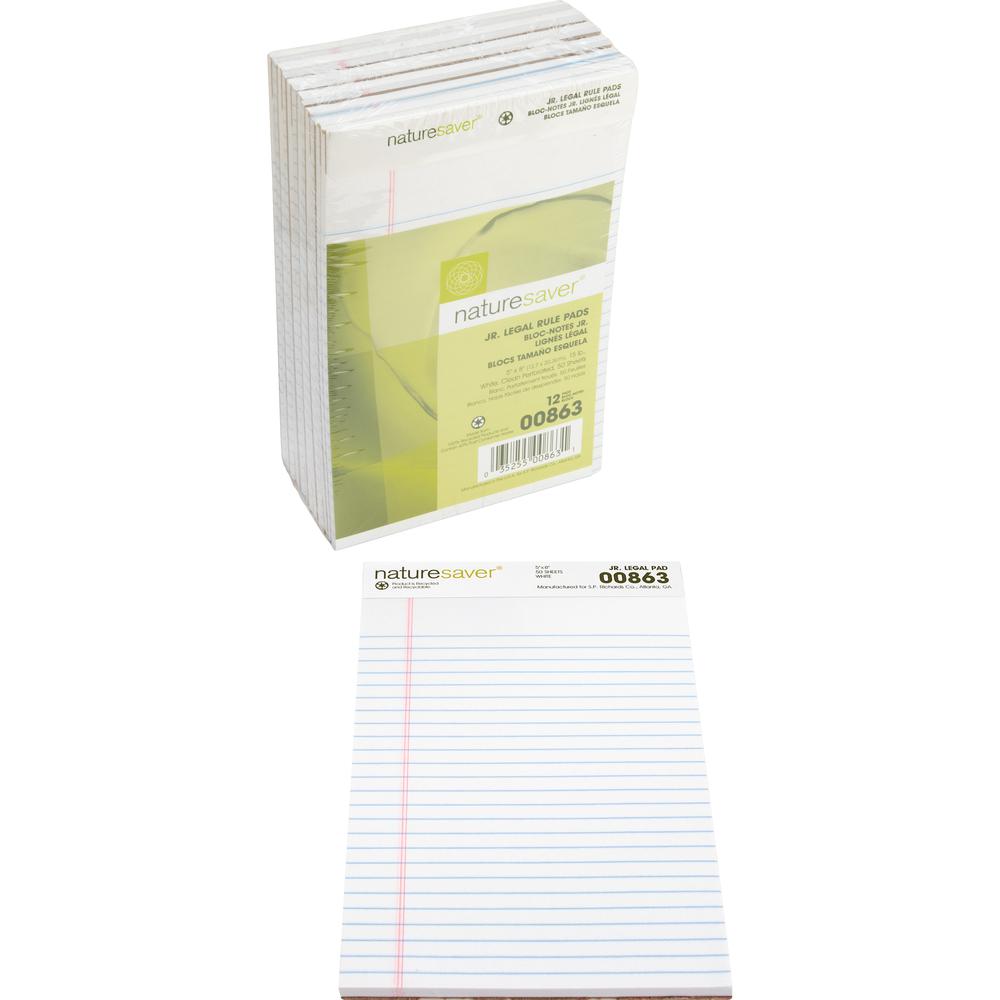 Nature Saver 100% Recycled White Jr. Rule Legal Pads - Jr.Legal - 50 Sheets - 0.28" Ruled - 15 lb Basis Weight - Jr.Legal - 5" x 8" Sheet Size - White Paper - Perforated, Back Board - Recycled - 1 Doz. Picture 4
