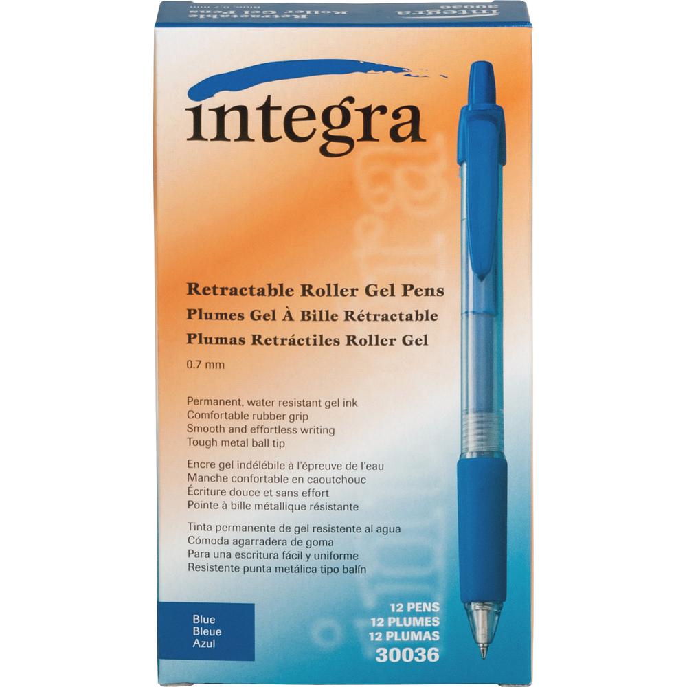 Integra Retractable 0.7mm Gel Pens - Retractable - Blue Ink - Gel-based - Clear Barrel - Metal Tip - 1 Dozen. Picture 3