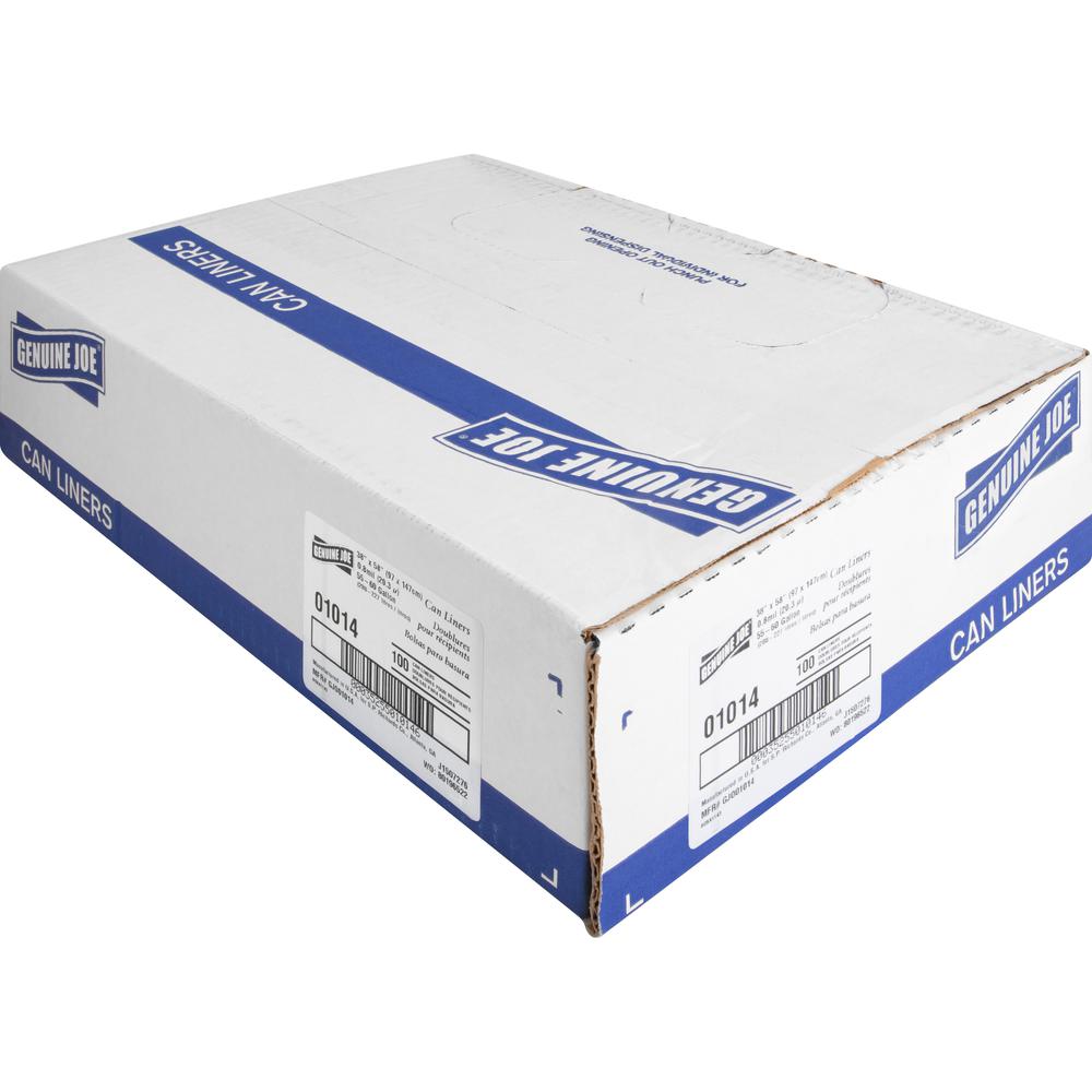 Genuine Joe Clear Trash Can Liners - Extra Large Size - 60 gal Capacity - 58" Length x 38" Width x 0.80 mil (20 Micron) Thickness - Low Density - Clear - Film - Multipurpose - 100 / Carton. Picture 5