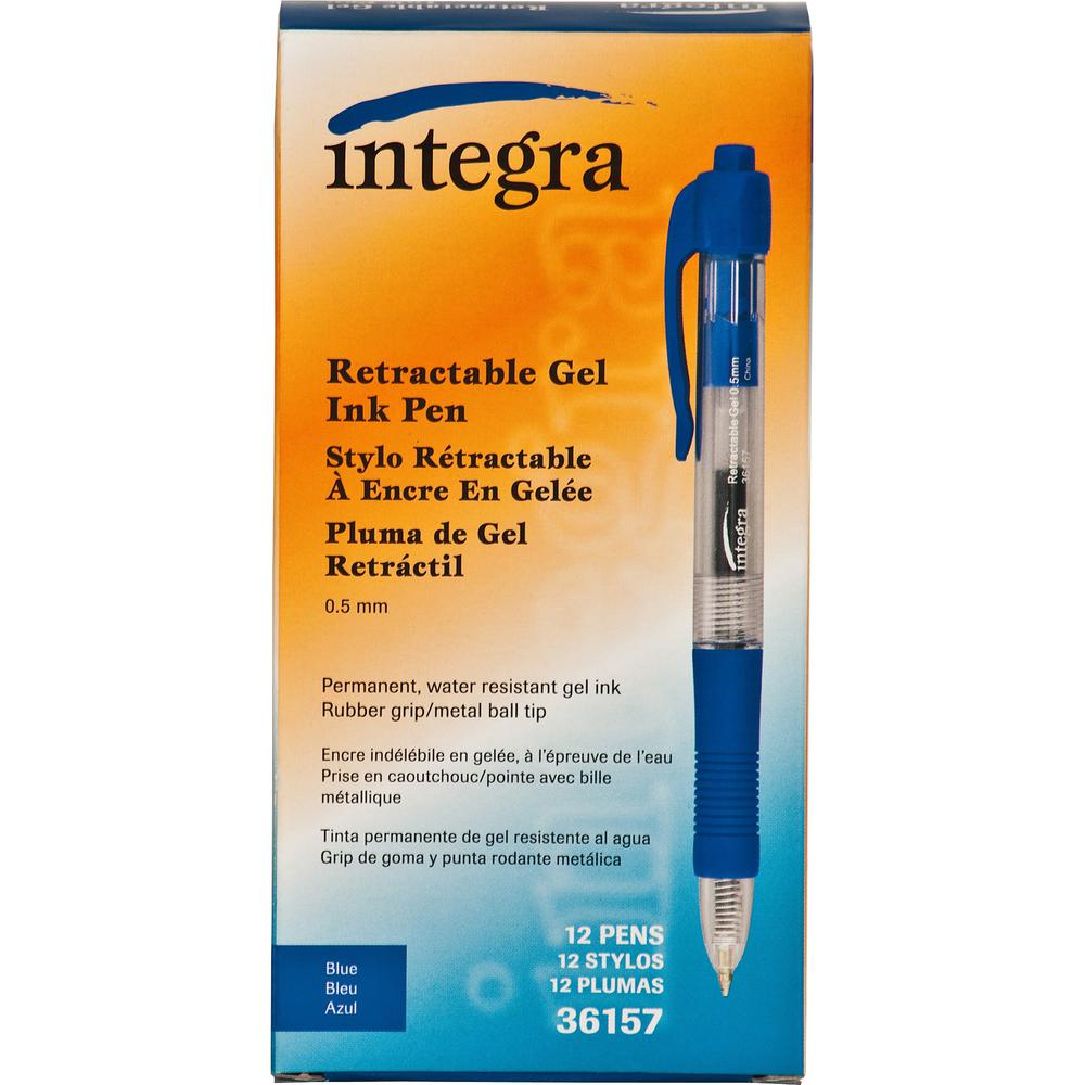 Integra Retractable 0.5mm Gel Pens - Retractable - Blue Ink - Gel-based - Blue Barrel - Metal Tip - Writing - 1 Dozen. Picture 2