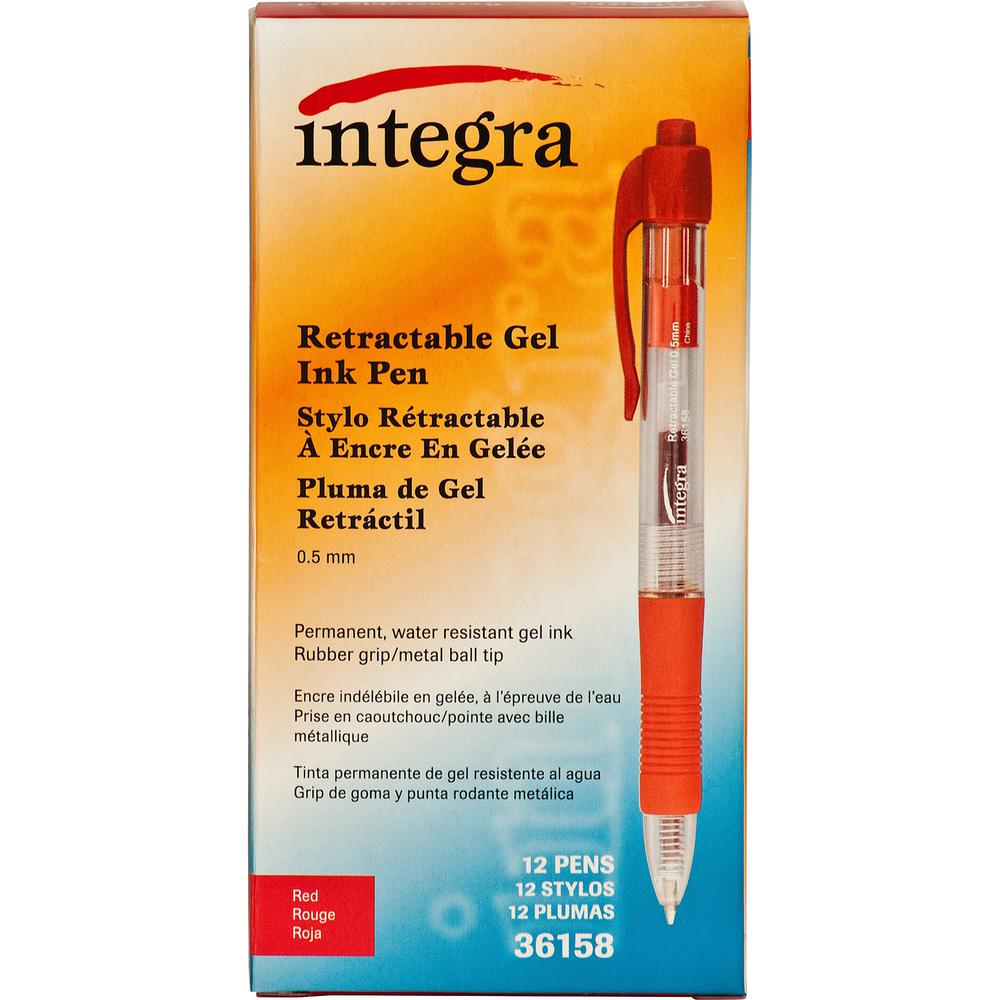 Integra Retractable 0.5mm Gel Pens - Retractable - Red Ink - Red Barrel - Metal Tip - 12 / Dozen. Picture 5