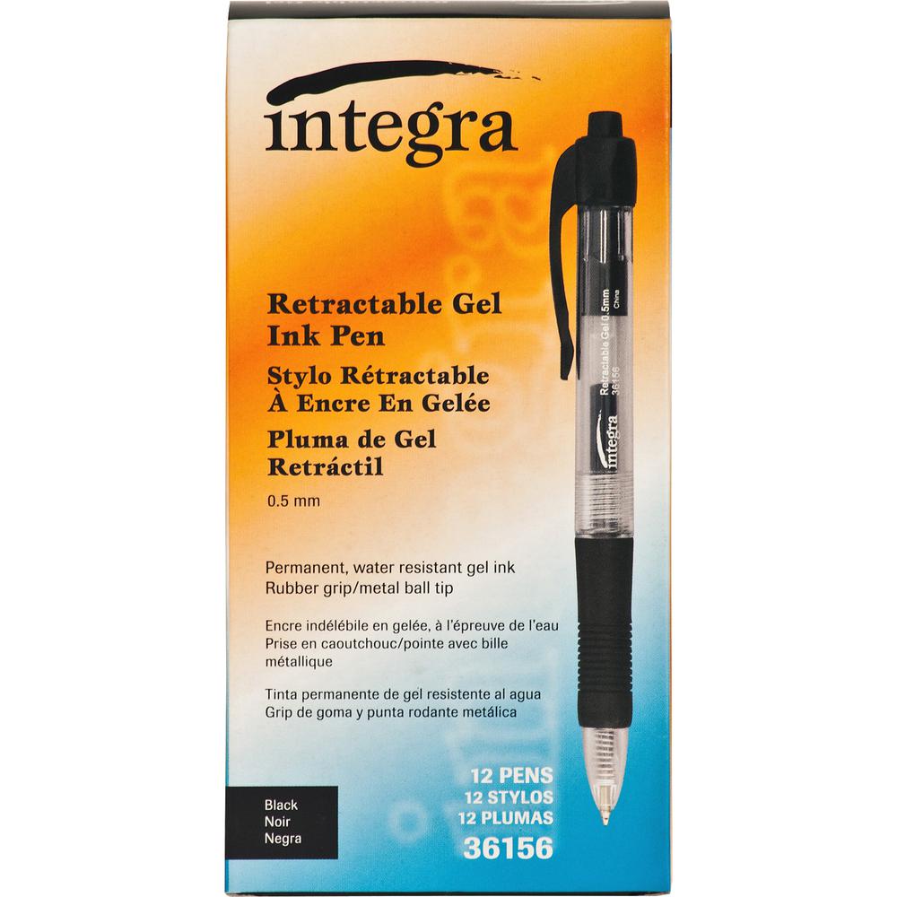 Integra Retractable 0.5mm Gel Pens - Retractable - Black Ink - Gel-based - Black Barrel - Metal Tip - 1 Dozen. Picture 2