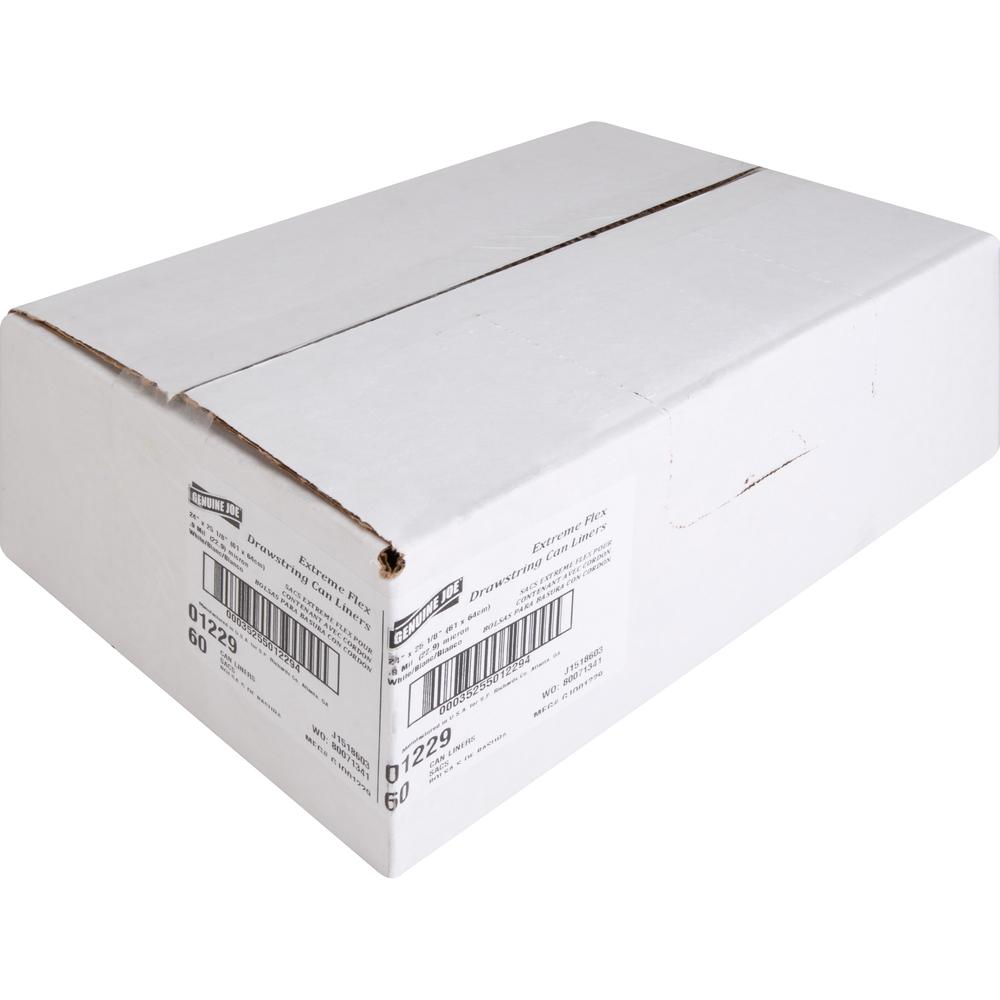 Genuine Joe Flexible Drawstring Trash Can Liners - Small Size - 13 gal Capacity - 25.13" Length x 24" Width x 0.90 mil (23 Micron) Thickness - Low Density - Drawstring Closure - White - Resin - 60/Box. Picture 6