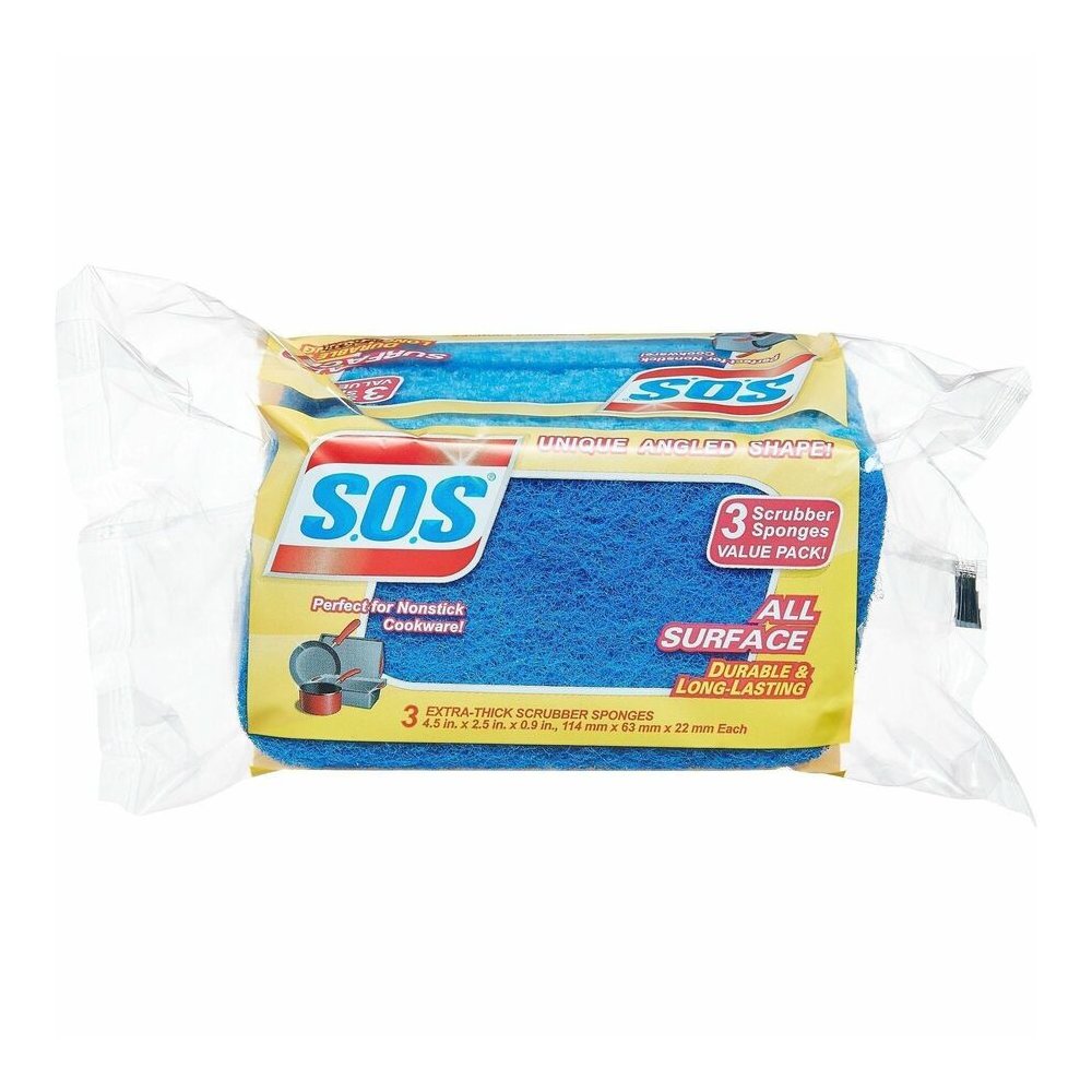 S.O.S All-Surface Scrubber Sponge - 5.3" Height x 3" Width x 0.9" Depth - 3/Pack - 8 / Carton - Cellulose - Blue. Picture 2