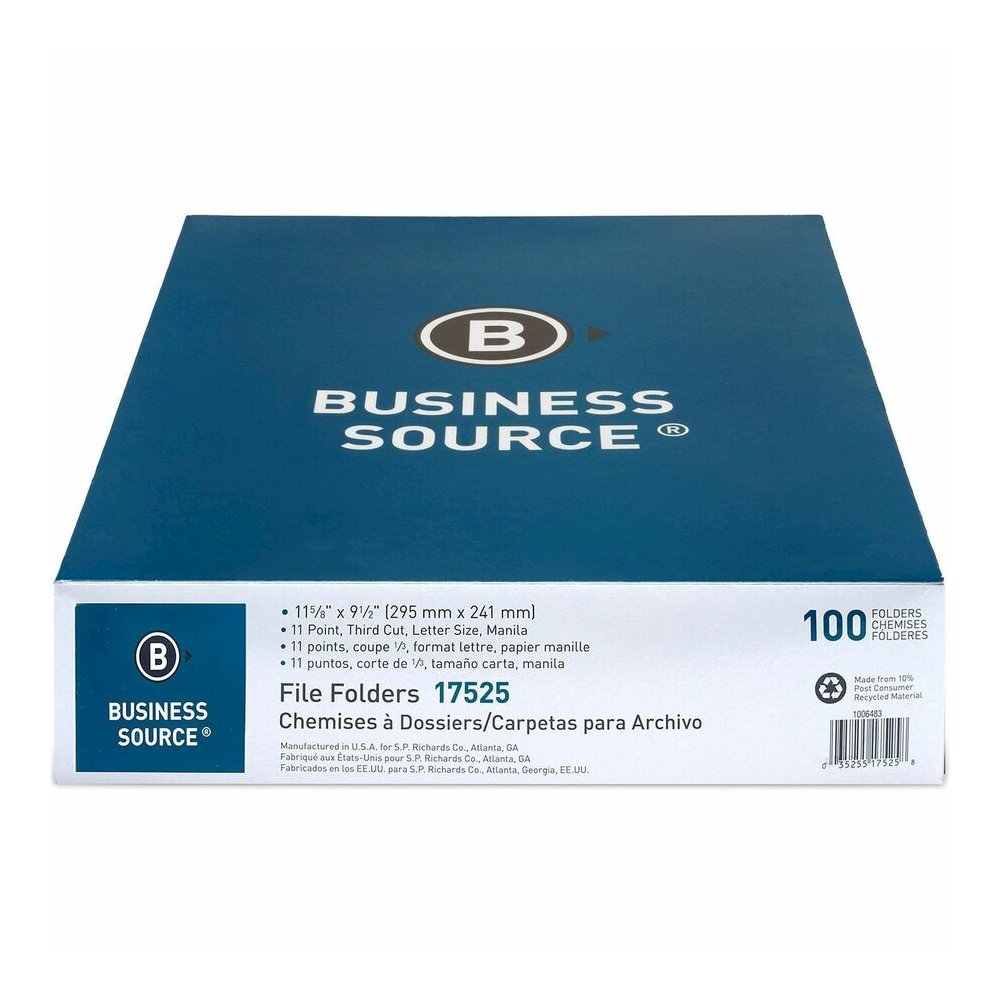Business Source 1/3 Tab Cut Letter Recycled Top Tab File Folder - 8 1/2" x 11" - 3/4" Expansion - Top Tab Location - Assorted Tab Position - 11 pt. - 1 Plys - Manila - Tab - 10% Recycled - 100 / Box. Picture 4