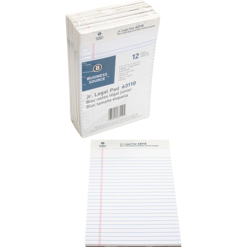 Business Source Writing Pads - 50 Sheets - 0.28" Ruled - 16 lb Basis Weight - Jr.Legal - 8" x 5" Sheet Size - White Paper - Micro Perforated, Easy Tear, Sturdy Back - 1 Dozen. Picture 3