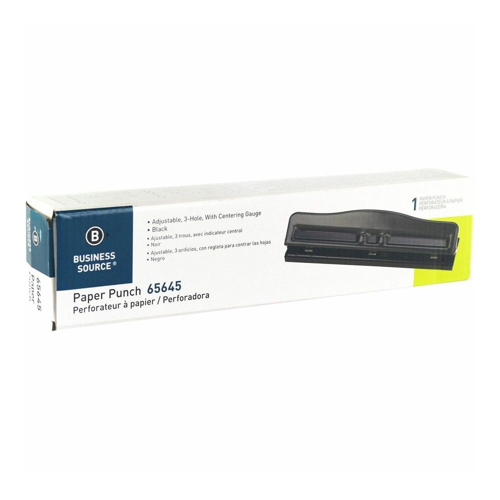 Business Source 3-Hole Adjustable Paper Punch - 3 Punch Head(s) - 11 Sheet of 16lb Paper - 1/4" Punch Size - Round Shape - Black. Picture 4