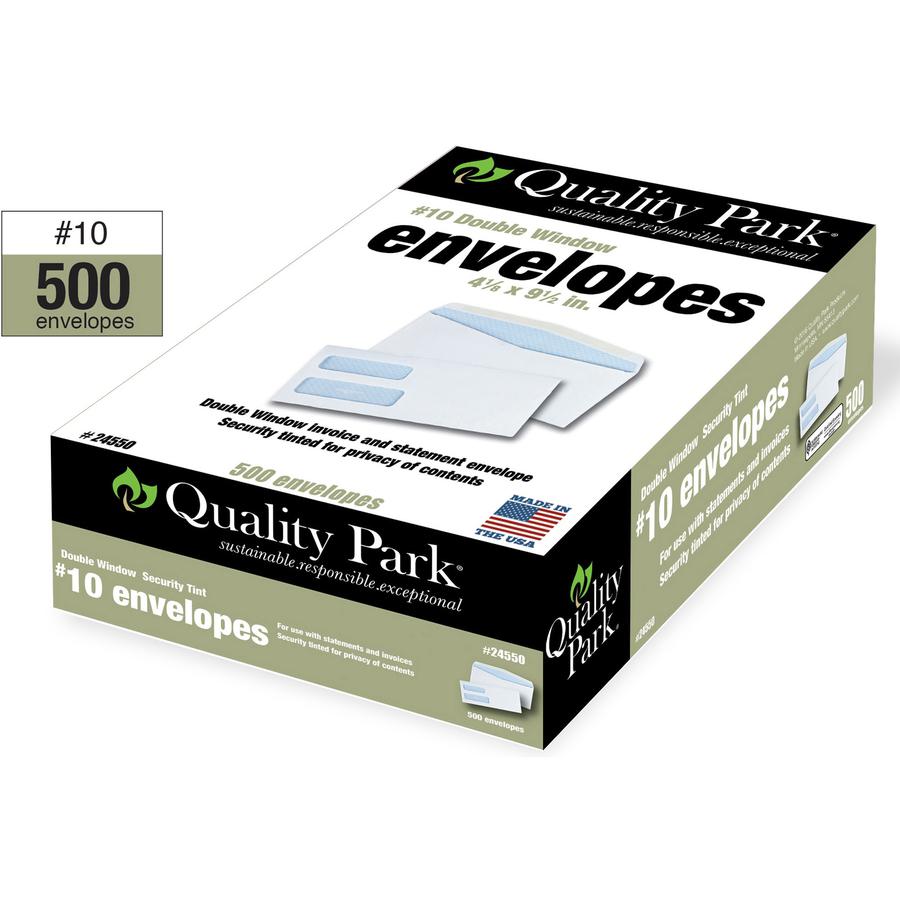 Quality Park No. 10 Double Window Security Tint Envelopes - Security - #10 - 4 1/8" Width x 9 1/2" Length - 24 lb - Gummed - 500 / Box - White. Picture 2