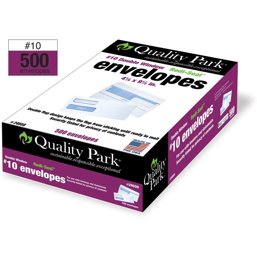 Quality Park No. 10 Double Window Security Tint Business Envelopes with Self-Seal Closure - Security - #10 - 4 1/8" Width x 9 1/2" Length - 24 lb - Gummed - Wove - 500 / Box - White. Picture 7