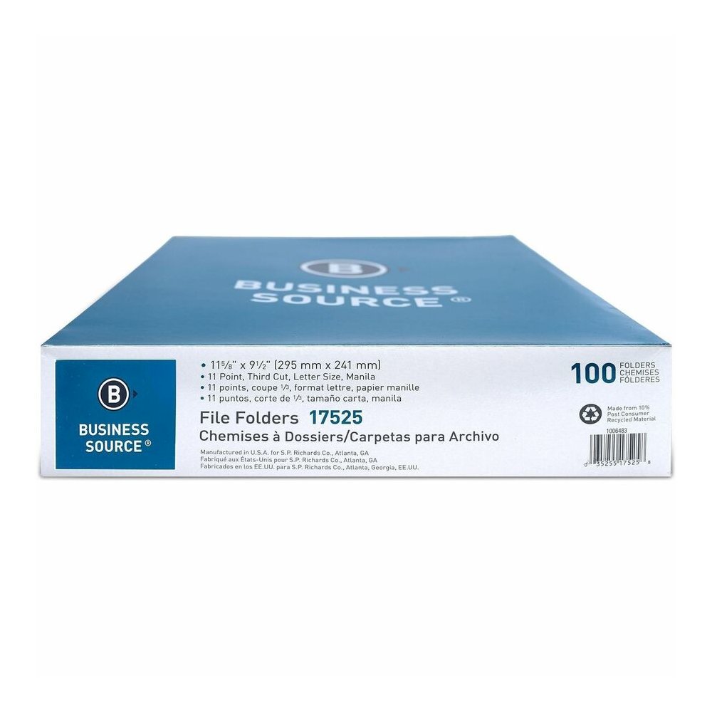 Business Source Straight Tab Cut Legal Recycled Top Tab File Folder - 8 1/2" x 14" - 10.5 pt. - Manila Paper - Manila - 10% Recycled - 100 / Box. Picture 3