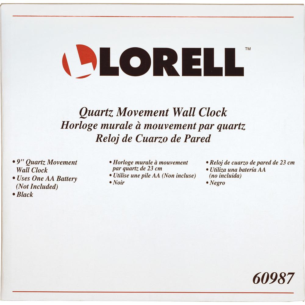 Lorell 9" Round Wall Clock - Analog - Quartz - White Main Dial - Black Case - Plastic. Picture 4