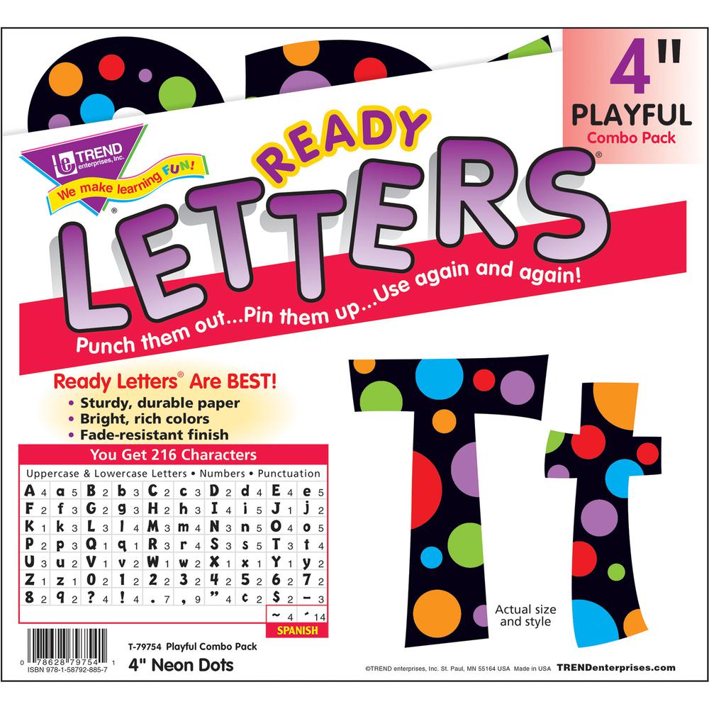 Trend Ready Letter Neon Dots - 83 x Lowercase Letters, 20 x Numbers, 36 x Punctuation Marks, 59 x Uppercase Letters, 18 x Spanish Accent Mark Shape - Pin-up - 4" Height x 8" Length - Assorted - 1 / Pa. Picture 4