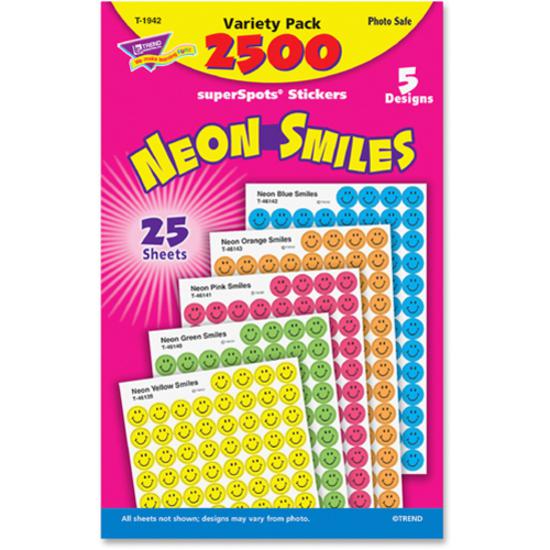 Trend superSpots Neon Smiles Stickers Variety Pack - 2500 x Smilies Shape - Acid-free, Non-toxic - Neon Green, Neon Yellow, Neon Orange, Neon Blue, Neon Pink - 2500 / Pack. Picture 5