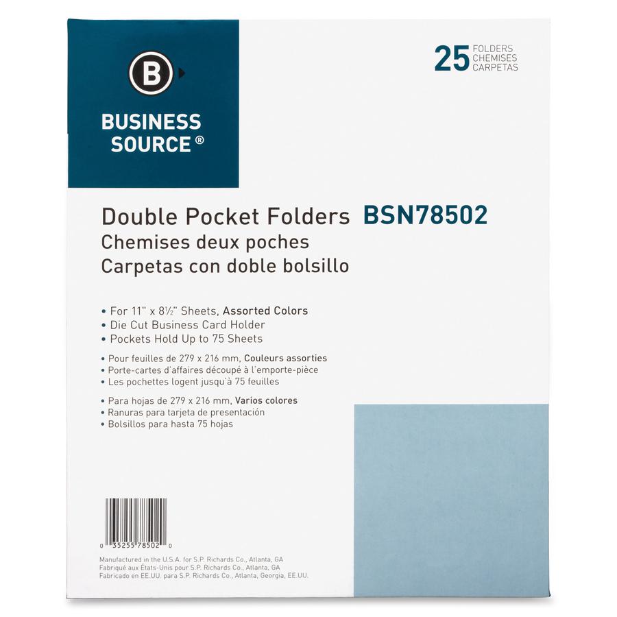 Business Source Letter Recycled Pocket Folder - 8 1/2" x 11" - 100 Sheets Capacity - 2 Internal Pocket - Paper - Assorted - Die-cut, Card Holder - 35% Recycled - 25 / Box. Picture 3