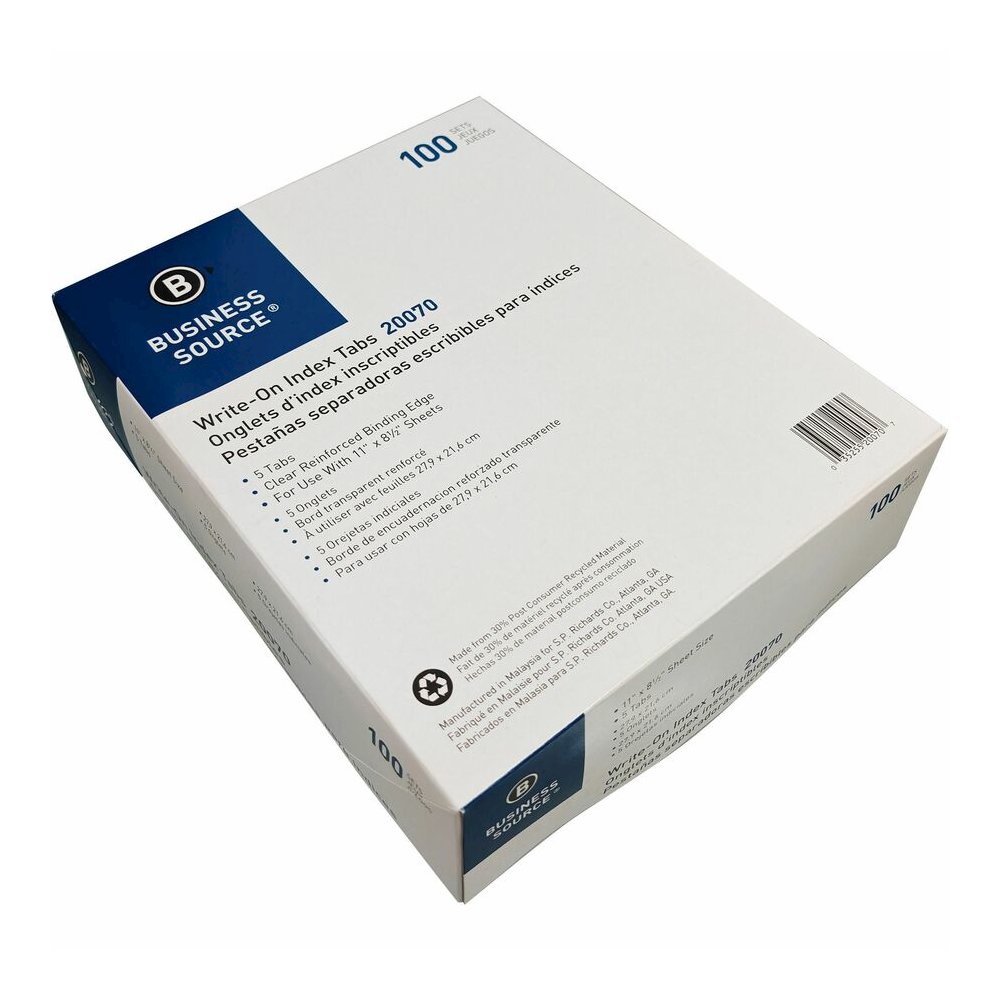 Business Source 3-Ring Plain Tab Indexes - 5 Write-on Tab(s) - 5 Tab(s)/Set - 2" Tab Width - 8.5" Divider Width x 11" Divider Length - Letter - 3 Hole Punched - White Divider - 100% Yes - Mylar Reinfo. Picture 5