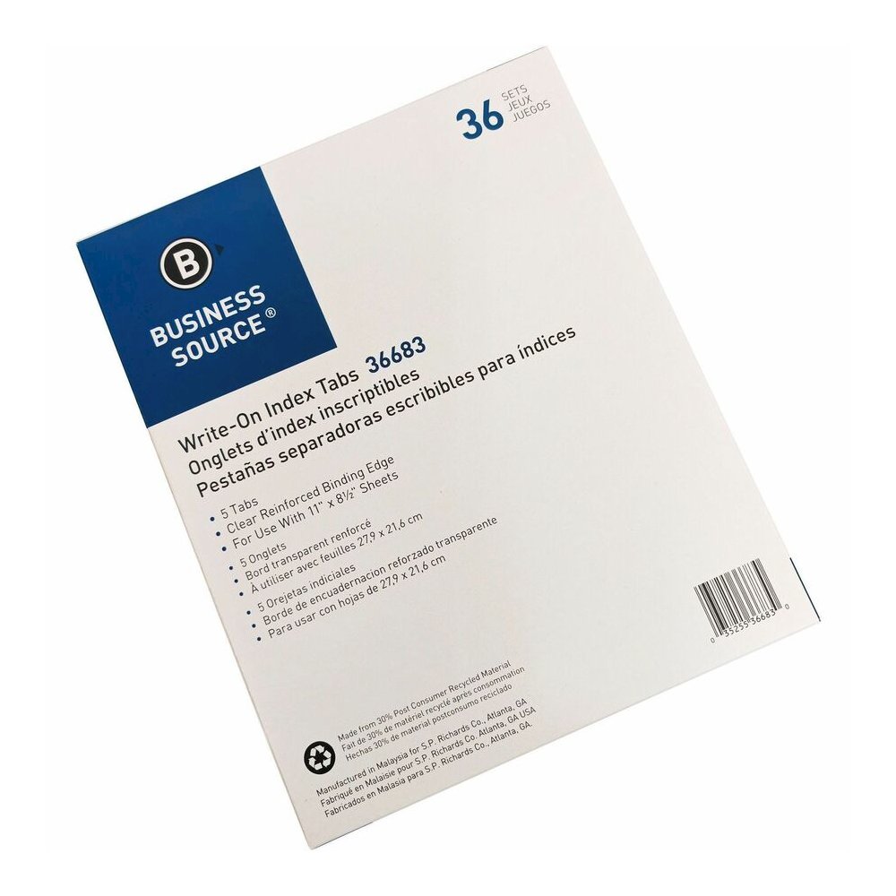 Business Source Reinforced Hole Punched Indexes - 5 Write-on Tab(s) - 5 Tab(s)/Set - 3 Hole Punched - White Divider - 100% Yes - Non-laminated, Mylar Reinforcement - 1 Box. Picture 3