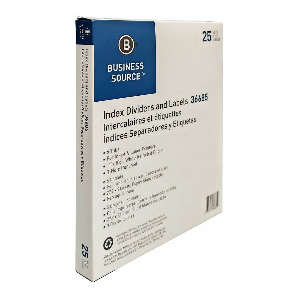 Business Source Punched Laser Index Dividers - 5 Blank Tab(s) - 5 Tab(s)/Set - 8.5" Divider Width x 11" Divider Length - Letter - 3 Hole Punched - White Paper Divider - White Tab(s) - 100% Recycled - . Picture 3