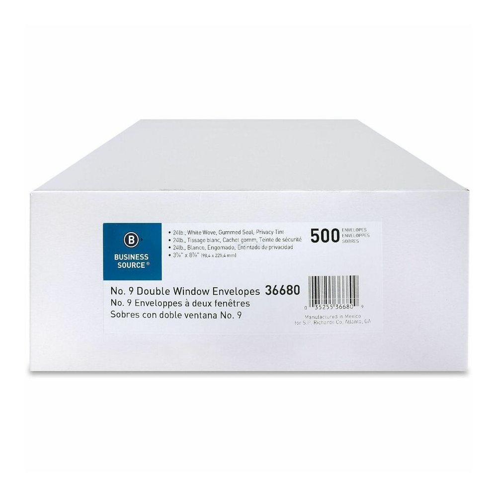 Business Source No. 9 Double Window Invoice Envelopes - Double Window - #9 - 8 7/8" Width x 3 7/8" Length - 24 lb - White - 500 / Box. Picture 3