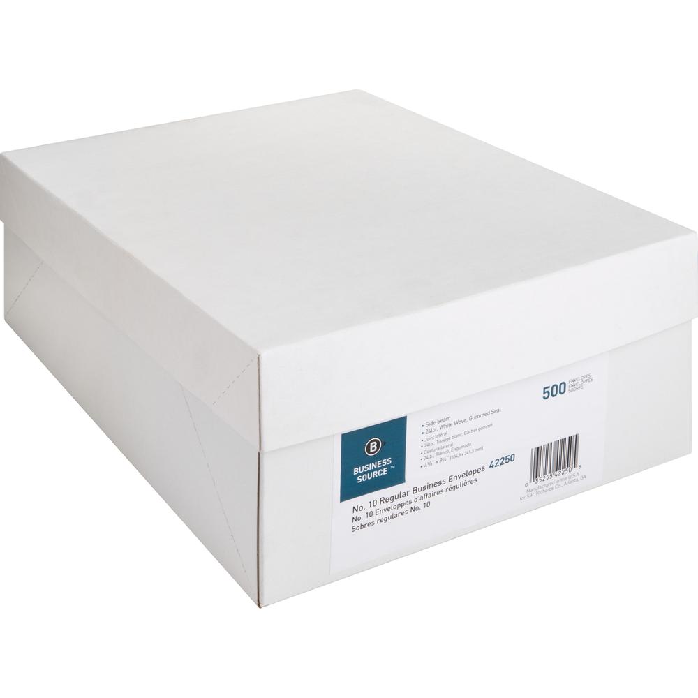 Business Source No. 10 Regular Business Envelopes - Commercial - #10 - 4 1/8" Width x 9 1/2" Length - 24 lb - Gummed - White - Wove - 500 / Box. Picture 8