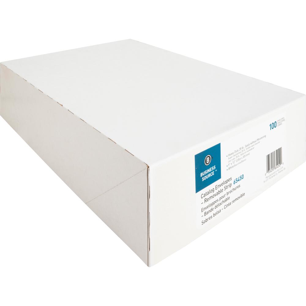 Business Source Self Sealing Catalog Envelope - Catalog - 9" Width x 12" Length - 28 lb - Peel & Seal - White - Wove - 100 / Box. Picture 4