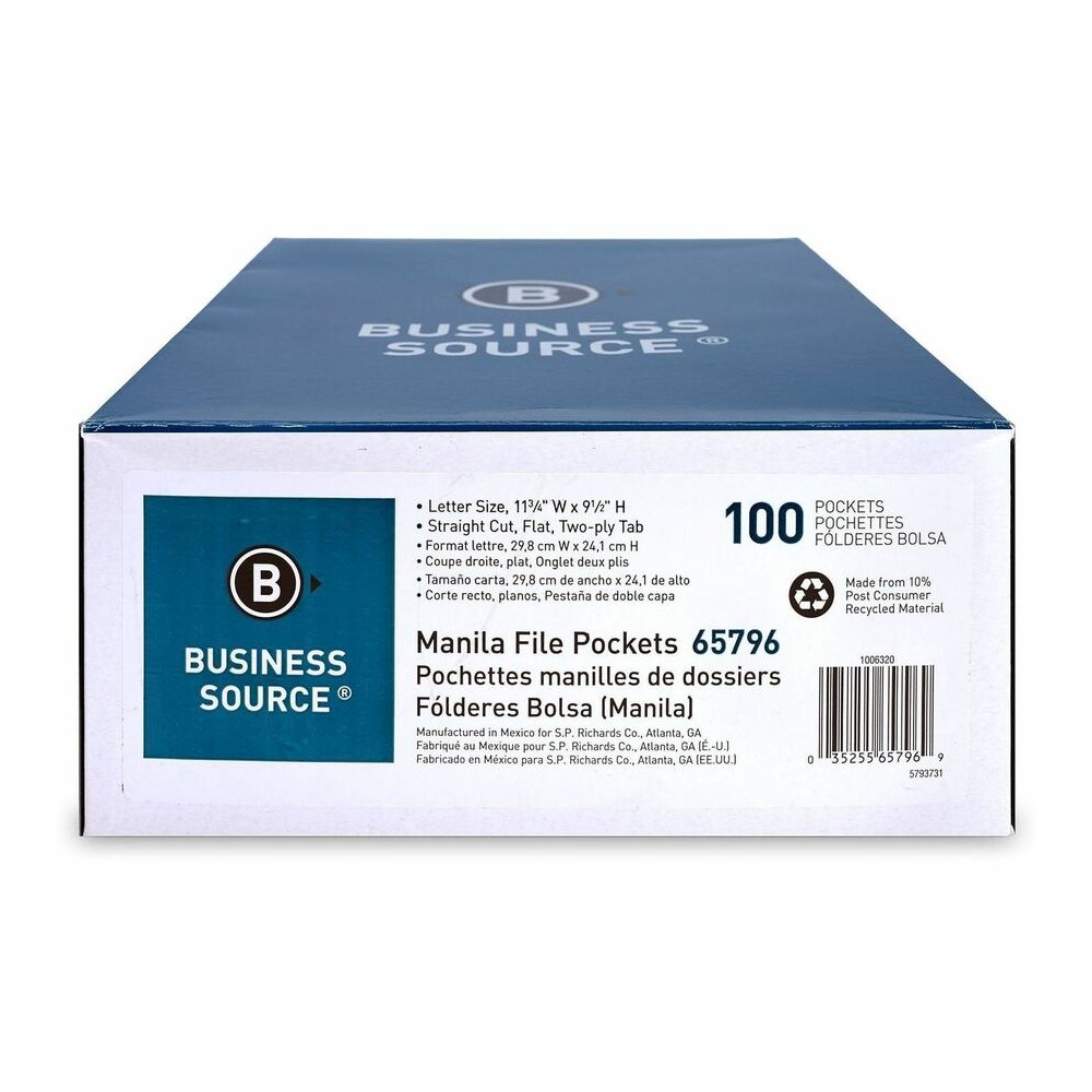 Business Source Letter Recycled File Pocket - 8 1/2" x 11" - 11 pt. - 2 Plys - Manila - Slip Resistant, Reinforced Tab, Heavyweight Cover - 10% Recycled - 100 / Box. Picture 3