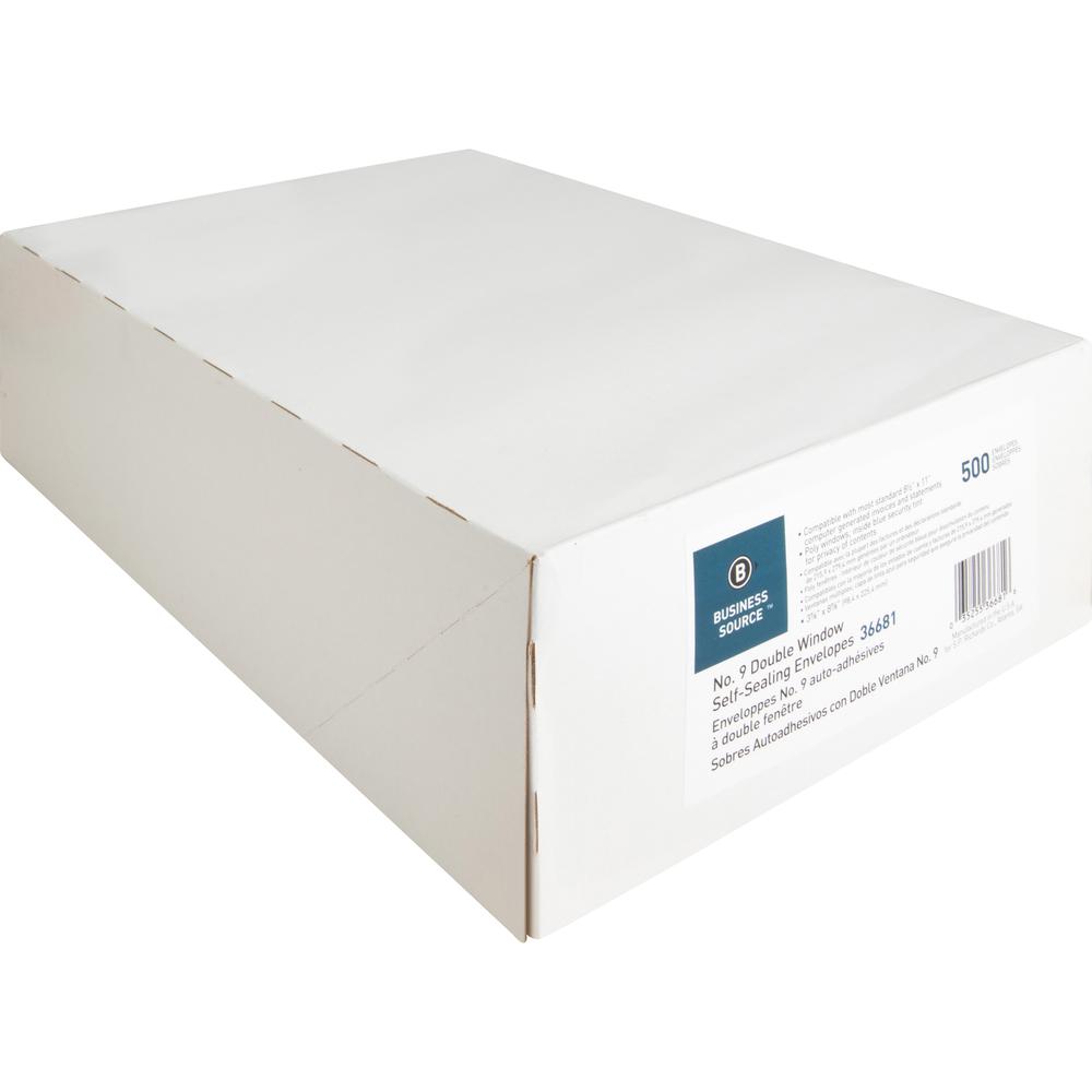 Business Source No. 9 Double Window Invoice Envelopes - Double Window - #9 - 8 7/8" Width x 3 7/8" Length - 24 lb - Self-sealing - White - 500 / Box. Picture 5
