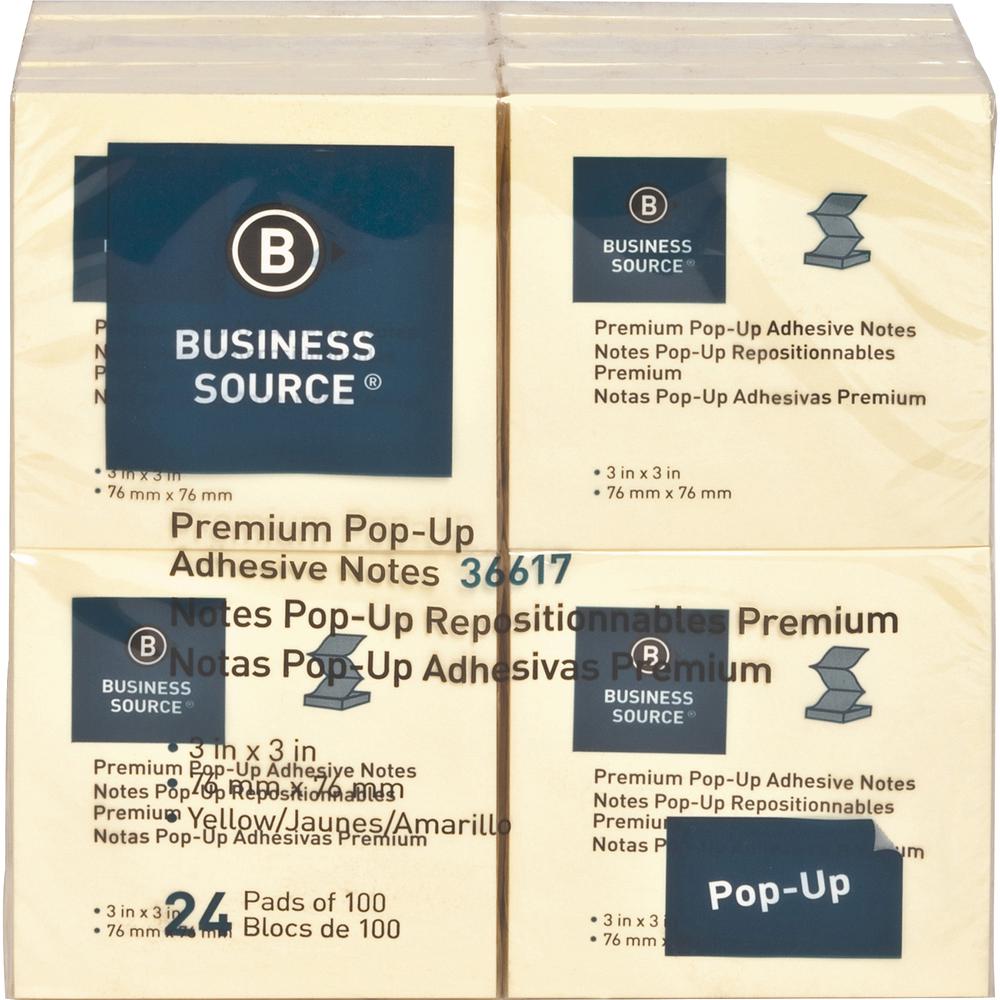 Business Source Reposition Pop-up Adhesive Notes - 3" Flag/Note Width x 3" Flag/Note Length - Square - Yellow - Removable, Repositionable, Solvent-free Adhesive, Fanfold, Pop-up - No - 24 / Pack. Picture 3