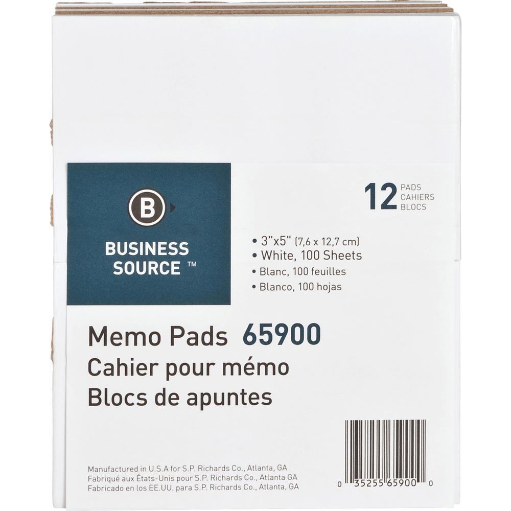 Business Source Plain Memo Pads - 100 Sheets - Plain - Glued - Unruled Front Ruling - 15 lb Basis Weight - 3" x 5" Sheet Size - White Paper - Chipboard Backing - 1 Dozen. Picture 3