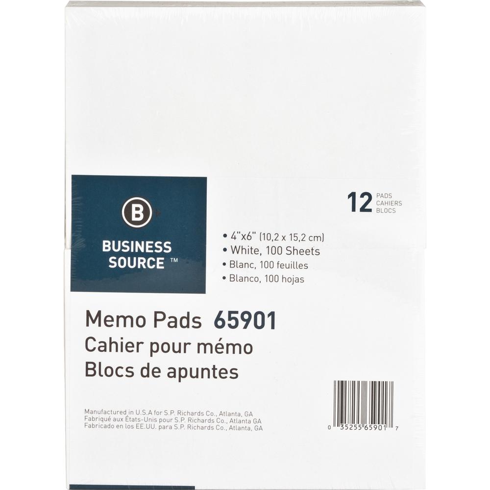 Business Source Plain Memo Pads - 100 Sheets - Plain - Glued - Unruled Front Ruling - 15 lb Basis Weight - 4" x 6" Sheet Size - White Paper - Chipboard Backing - 1 Dozen. Picture 2