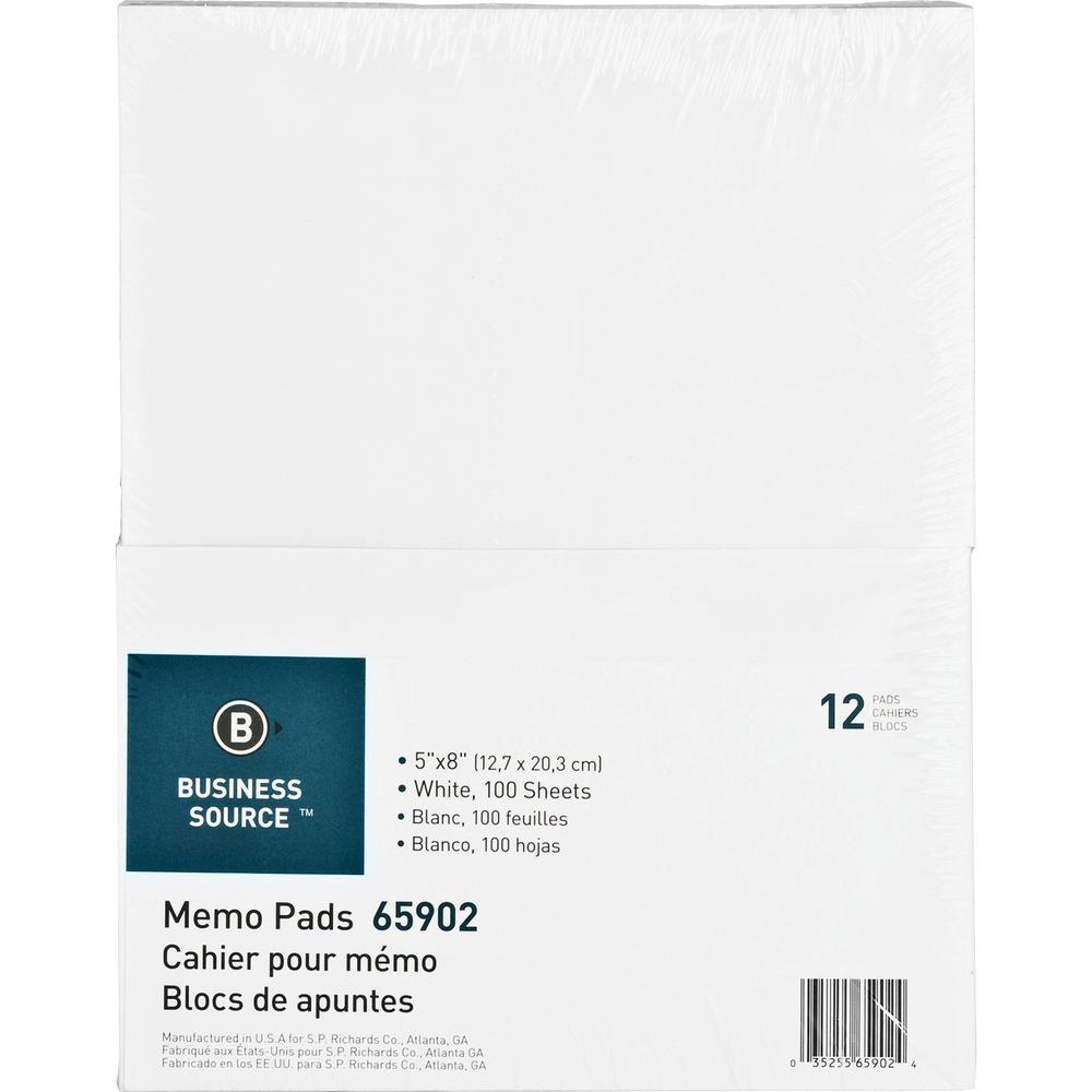 Business Source Plain Memo Pads - 100 Sheets - Plain - Glue - 16 lb Basis Weight - 5" x 8" Sheet Size - White Paper - No - 1 Dozen. Picture 2