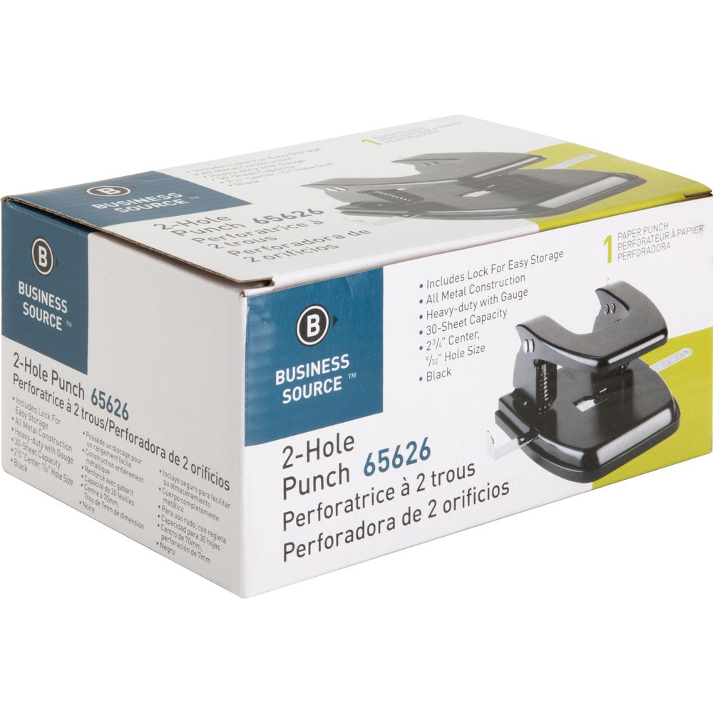 Business Source Heavy-duty 2-Hole Punch - 2 Punch Head(s) - 30 Sheet of 20lb Paper - 9/32" Punch Size - Round Shape - Steel, Rubber - Black. Picture 6
