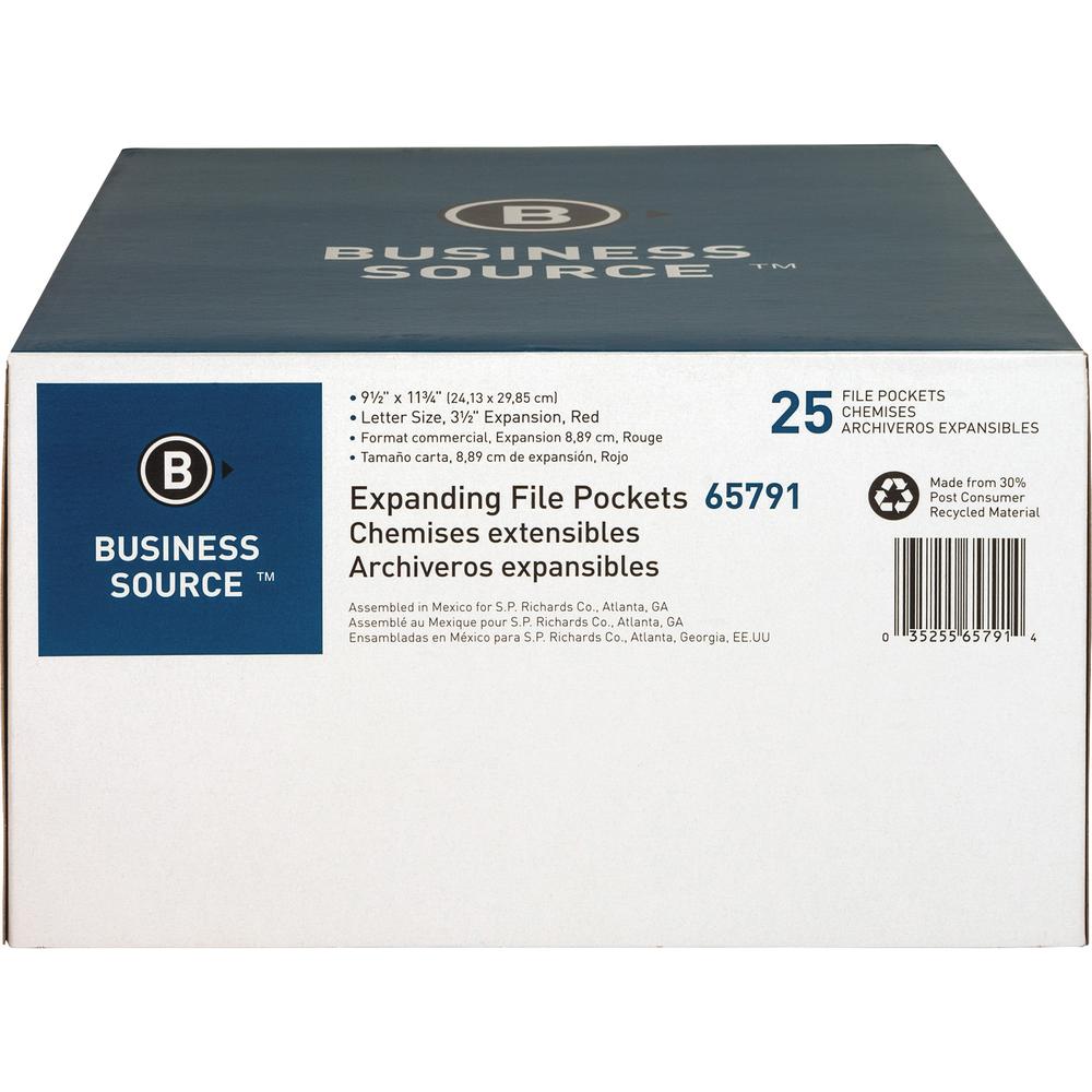 Business Source Straight Tab Cut Letter Recycled File Pocket - 8 1/2" x 11" - 3 1/2" Expansion - Redrope - Redrope - Tyvek Gusset, Tear Proof, Reinforced Gusset, Sturdy, Durable - 30% Recycled - 25 / . Picture 6