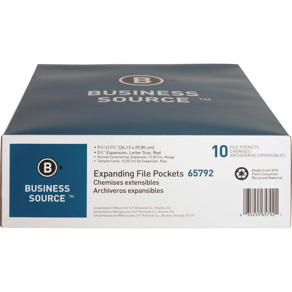 Business Source Straight Tab Cut Letter Yes File Pocket - 8 1/2" x 11" - 1200 Sheets Capacity - 5 1/4" Expansion - Redrope - Tear Proof, Tyvek Gusset, Reinforced Gusset, Sturdy, Durable - 30% Recycled. Picture 7