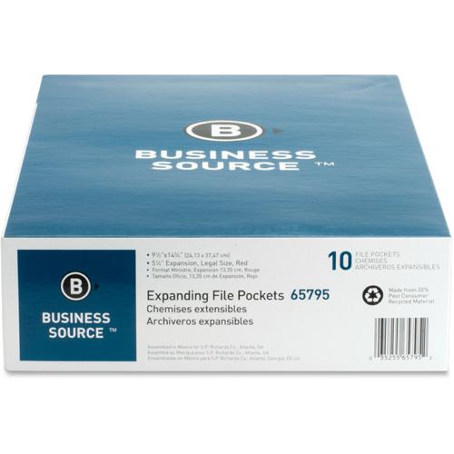 Business Source Legal Recycled File Pocket - 8 1/2" x 14" - 5 1/4" Expansion - Redrope - Redrope - Tear Proof, Tyvek Gusset, Reinforced Gusset - 30% Recycled - 10 / Box. Picture 8