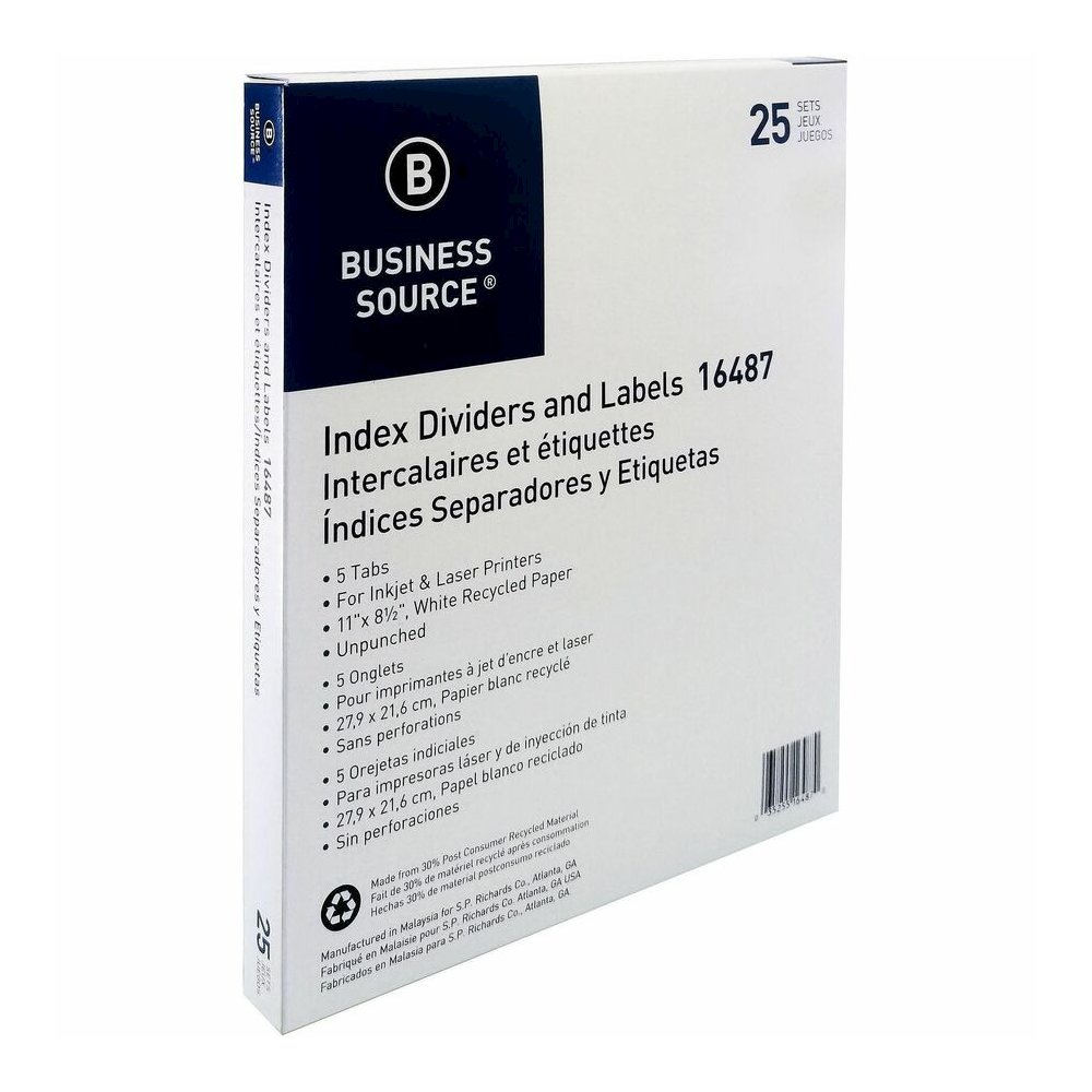 Business Source Un-punched Index Dividers Set - 5 x Divider(s) - Blank Tab(s) - 5 Tab(s)/Set - White Divider - White Tab(s) - 100% Recycled - Unpunched - 1 Box. Picture 5