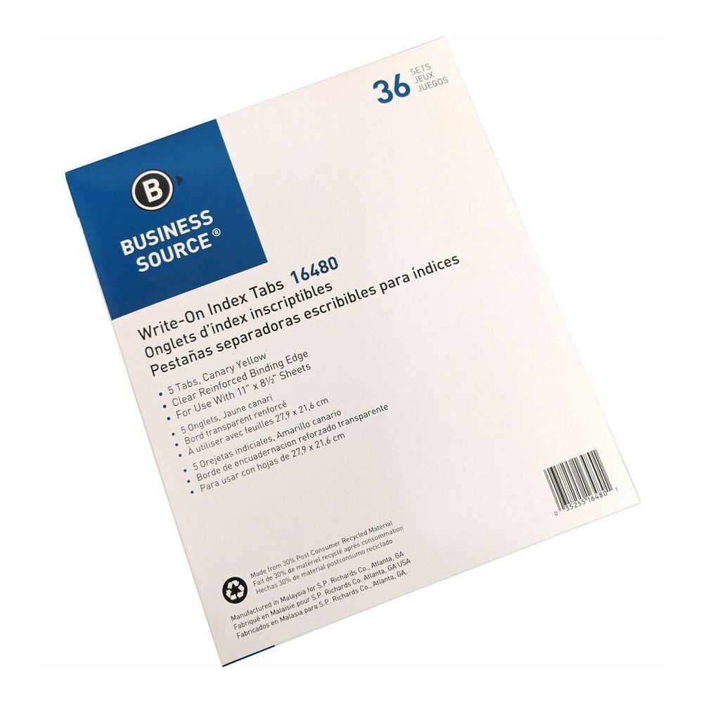 Business Source Mylar-reinforced Plain Tab Indexes - 5 Write-on Tab(s) - 5 Tab(s)/Set - 8.5" Divider Width x 11" Divider Length - Letter - 3 Hole Punched - Canary Tab(s) - Hole-punched, Mylar Reinforc. Picture 5