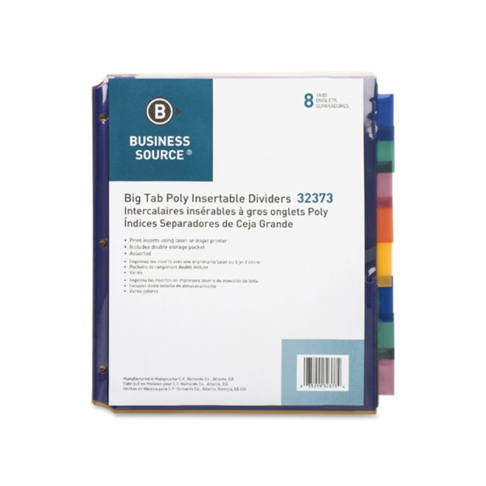 Business Source Double Pocket Index Dividers - 8 Print-on Tab(s) - 8.5" Divider Width x 11" Divider Length - Letter - Plastic Divider - Multicolor Tab(s) - Insertable - 8/Set - 24 / Carton. Picture 3
