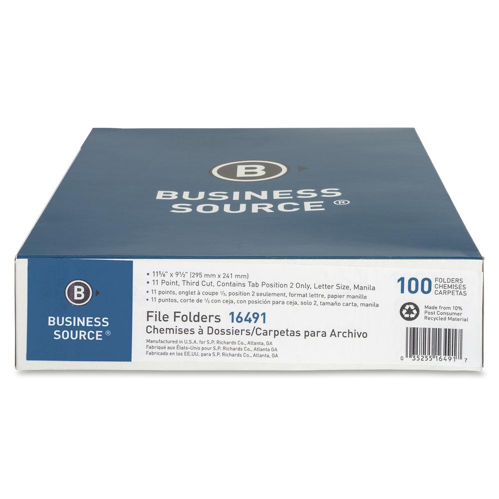 Business Source 1/3 Tab Cut Letter Recycled Top Tab File Folder - 8 1/2" x 11" - 3/4" Expansion - Top Tab Location - Center Tab Position - 11 pt. - 1 Plys - Manila - 10% Recycled - 100 / Box. Picture 2