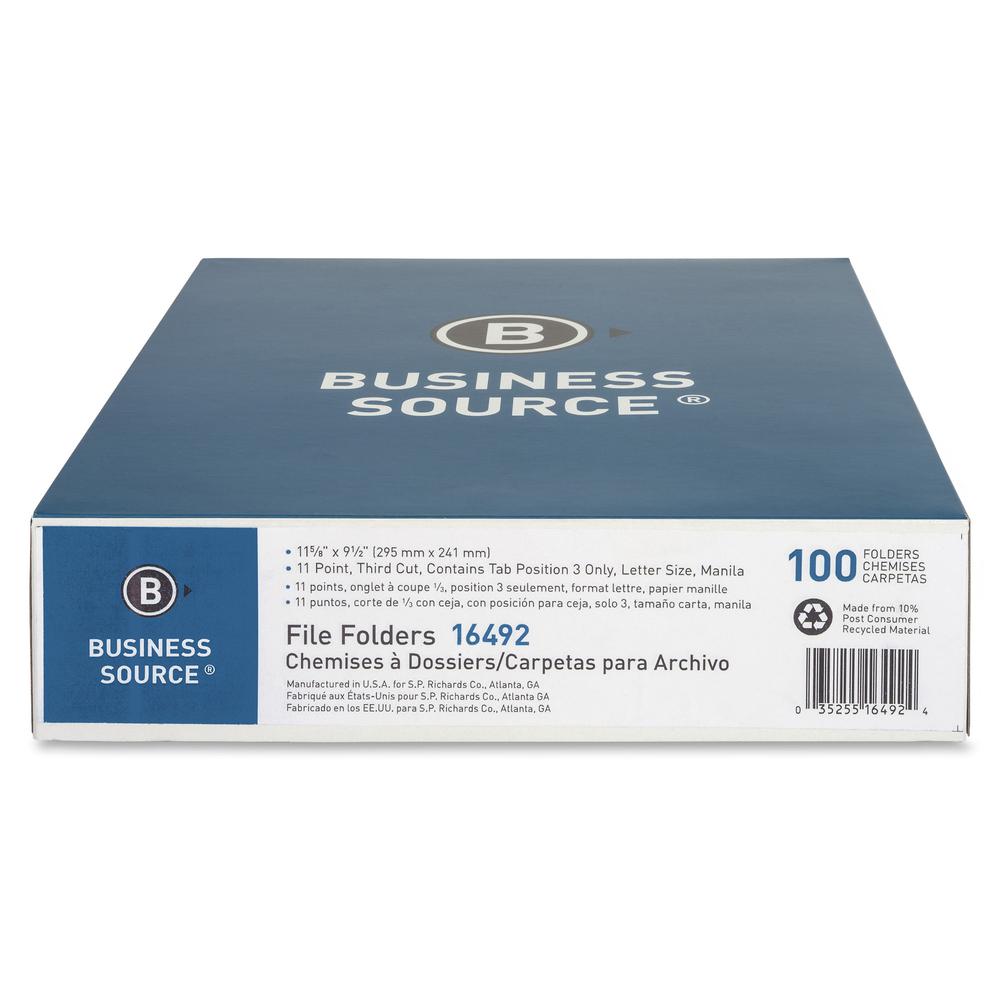 Business Source 1/3 Tab Cut Letter Recycled Top Tab File Folder - 8 1/2" x 11" - 3/4" Expansion - Top Tab Location - Right Tab Position - 11 pt. - 1 Plys - Manila - 10% Recycled - 100 / Box. Picture 3